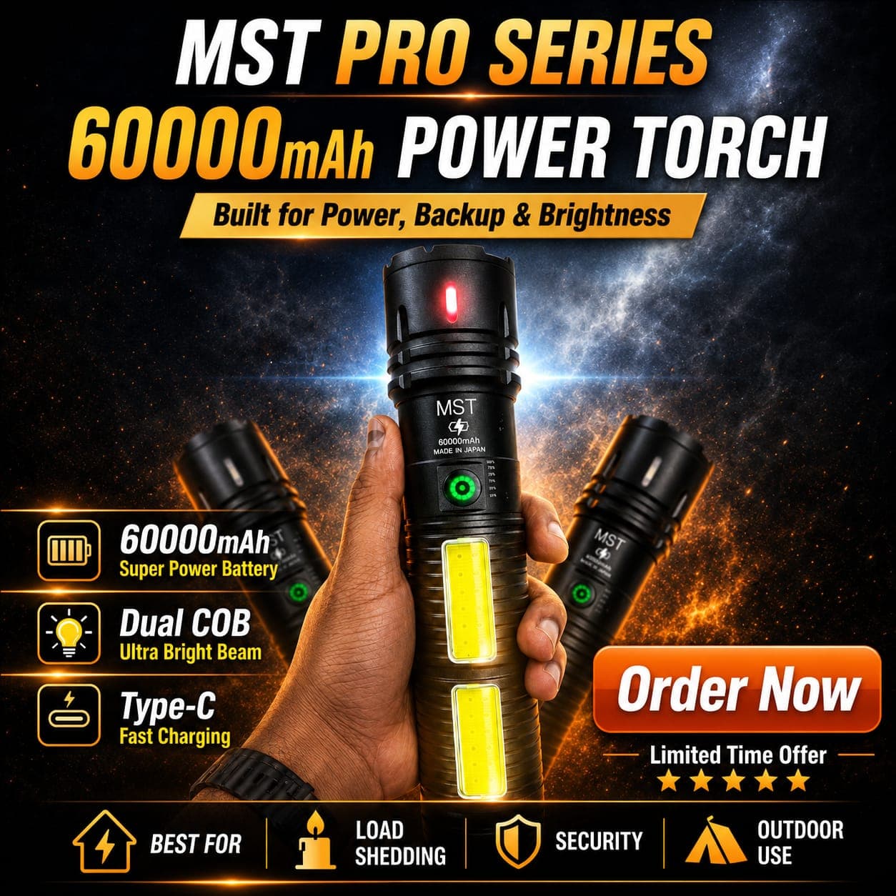 MST PowerBeam X60 Powerful Rechargeable Torch Light – Long Backup, Dual COB & Type-C Charging