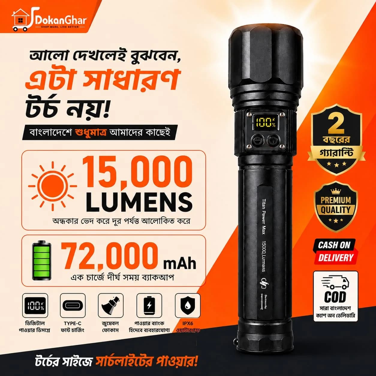 Titan Power Max 15,000 Lumens Rechargeable Flashlight with Digital Power Display